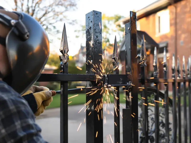 Welder repairing the hinge of a black wrought-iron gate in front of a red-brick house, sparks spraying